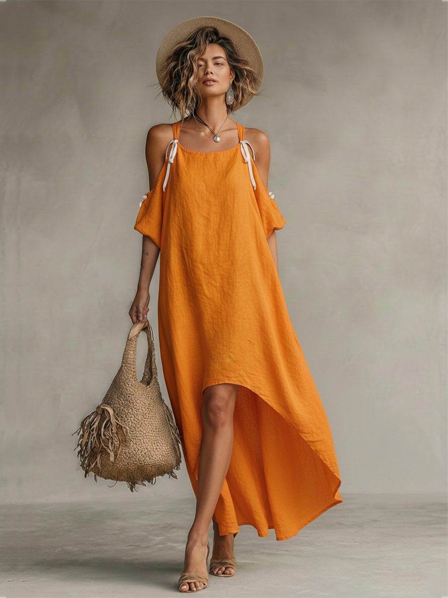 Women's Tangerine Linen Dress With Cold Shoulder & High-Low Hem, Timeless Boho-Resort Style Dress