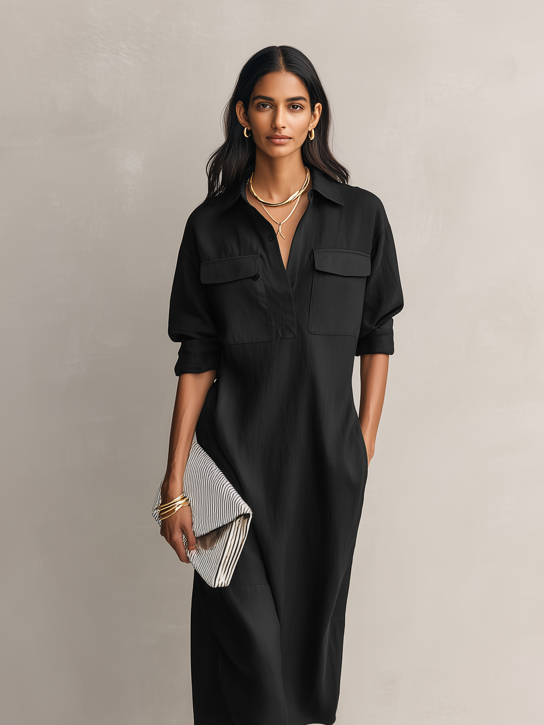 Women's Elegant Black Cotton-linen Blend Shirt Collar Short-sleeved Midi Dress