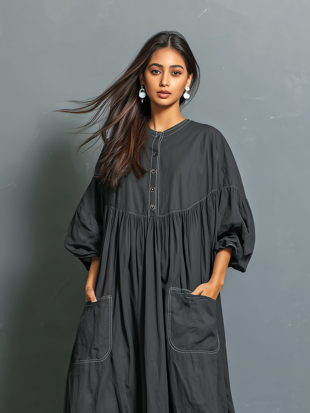 Women's Casual Dark Gray Woven Round Neck Mid-sleeve Loose Long Dress