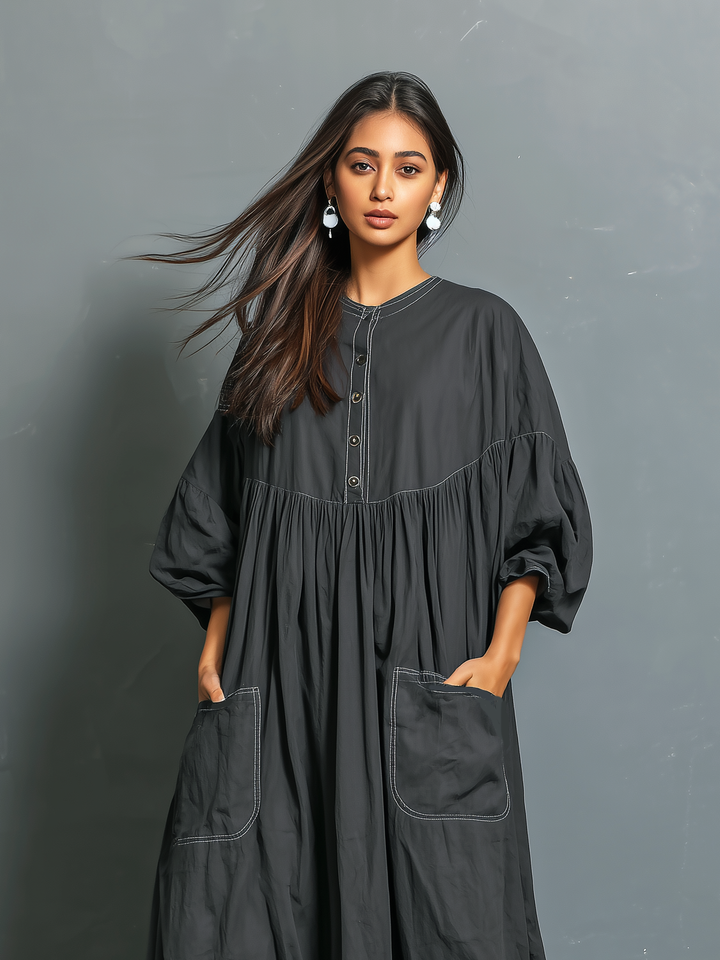 Women's Casual Dark Gray Woven Round Neck Mid-sleeve Loose Long Dress