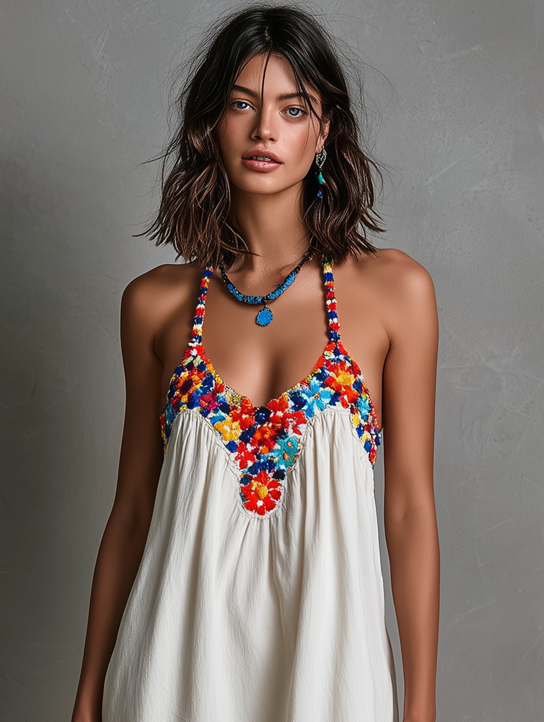 Women's Minimalist Colorful Embroidered Spaghetti Strap Mini Dress