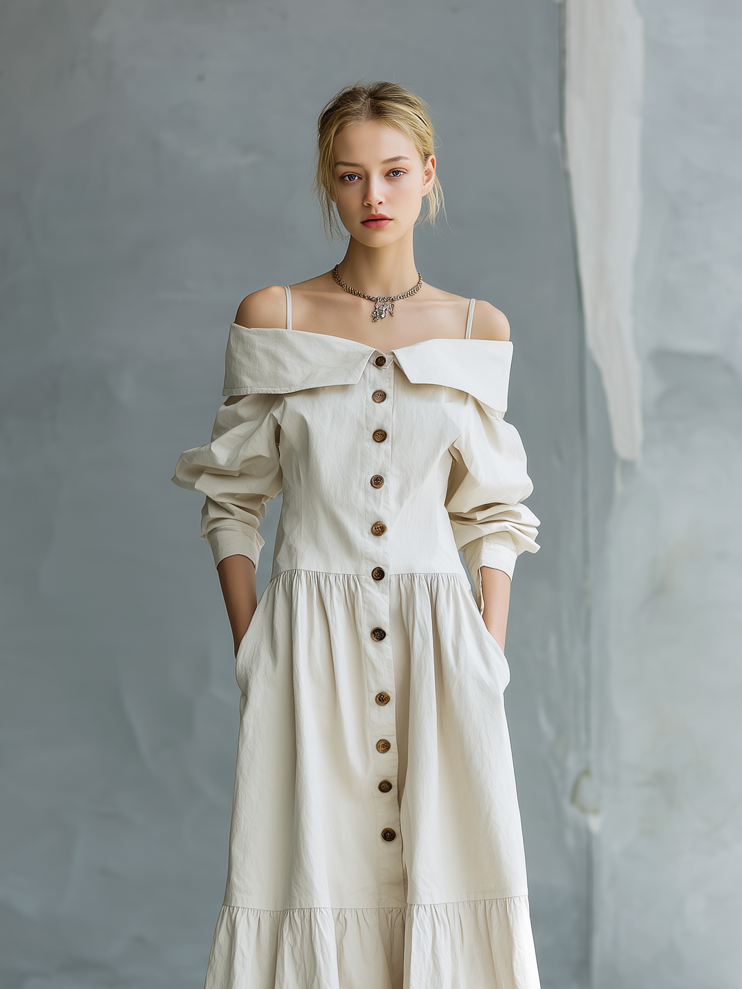 Women's Elegant White Woven Camisole Dress With Off-the-shoulder Design And Loose Long Sleeves