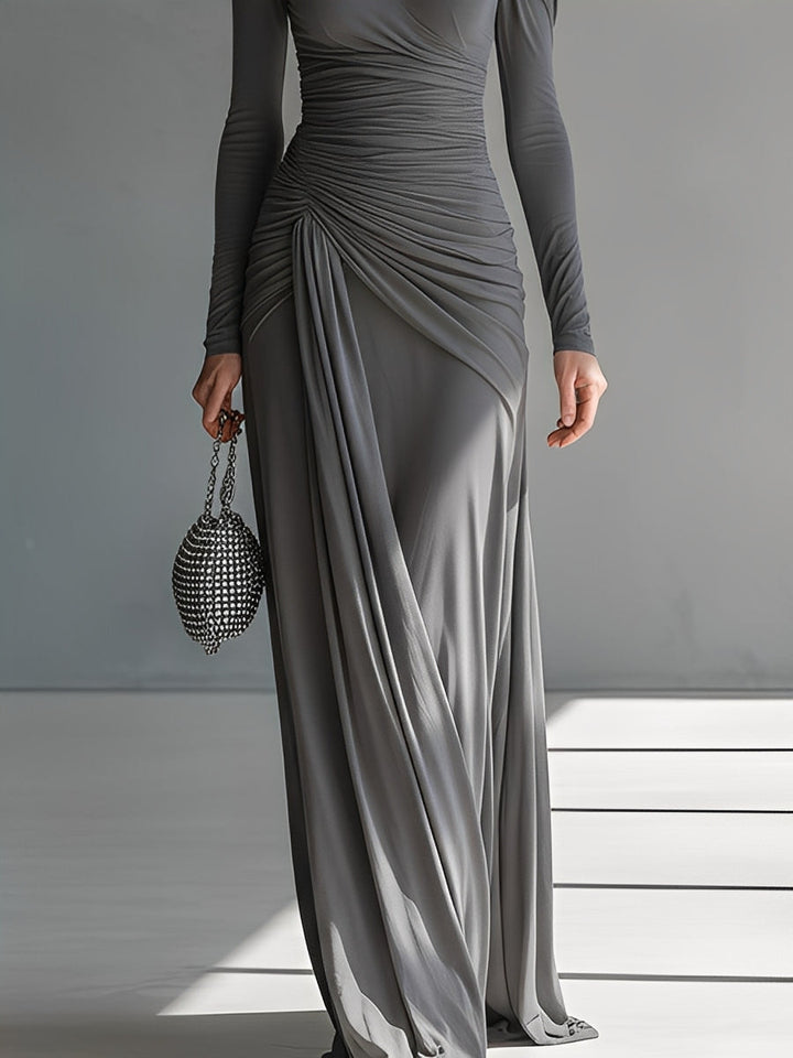 Women's Grey Silky Stretch Sophisticated Ruched Detail Cut-Out Maxi Dress