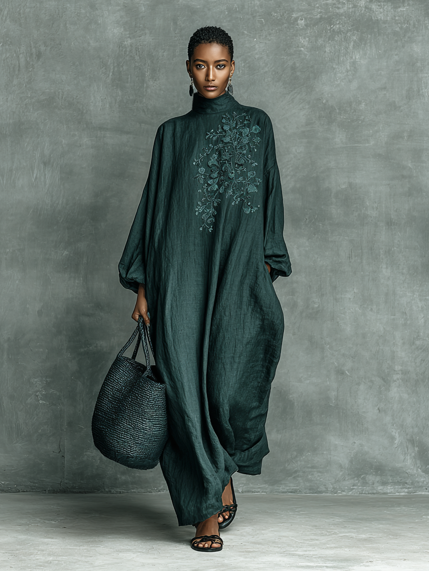 Women's Loose Cotton And Linen Blend Shoulder Embroidery Half-high Collar Long-sleeved Maxi Dress