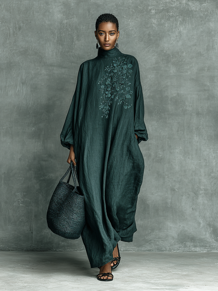 Women's Loose Cotton And Linen Blend Shoulder Embroidery Half-high Collar Long-sleeved Maxi Dress