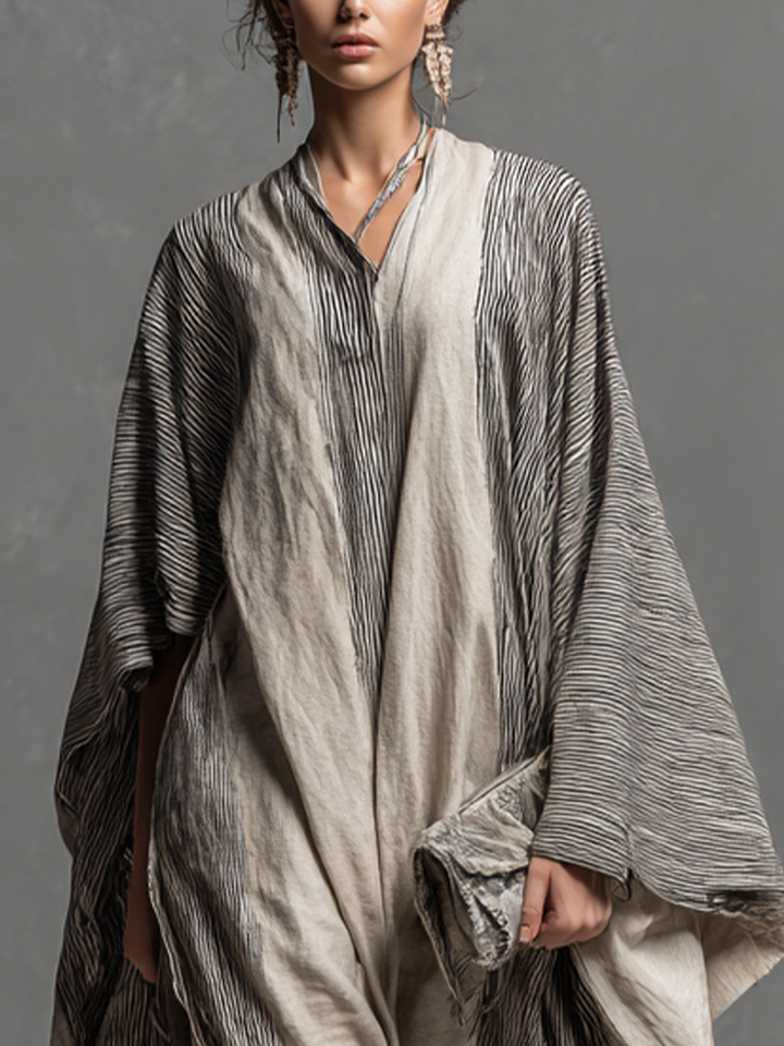 Women's Boho Striped V-Neck Cotton Linen Oversized Kaftan Maxi Dress