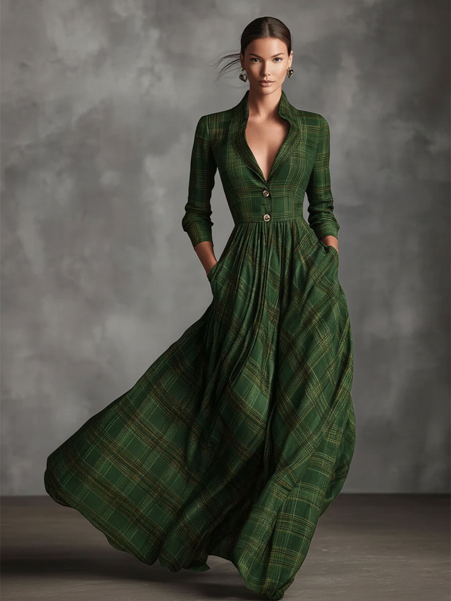 Women's Grey Sophisticated Tartan - Patterned Linen - Blend Flared Maxi Dress