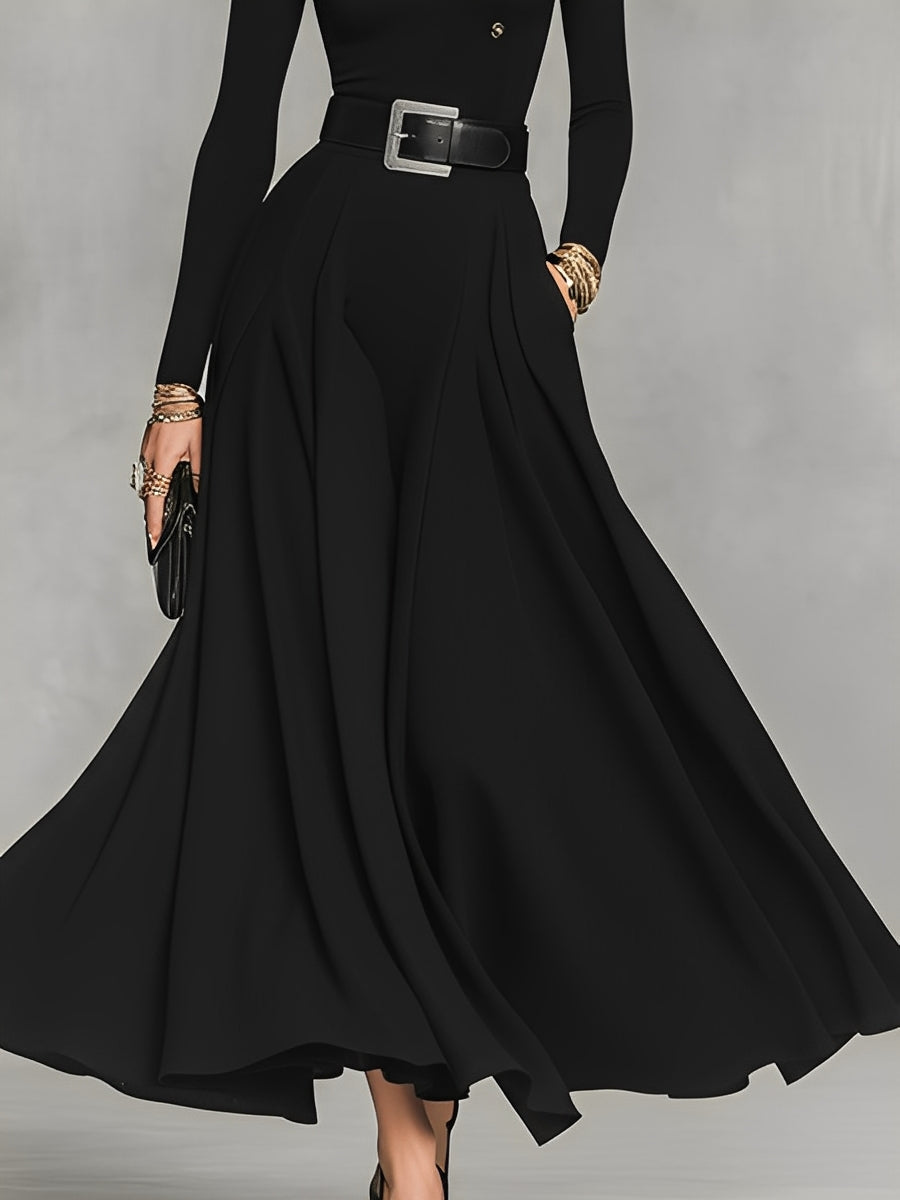 Women's Black Knit Elegant High Neck Button Detail Maxi Dress