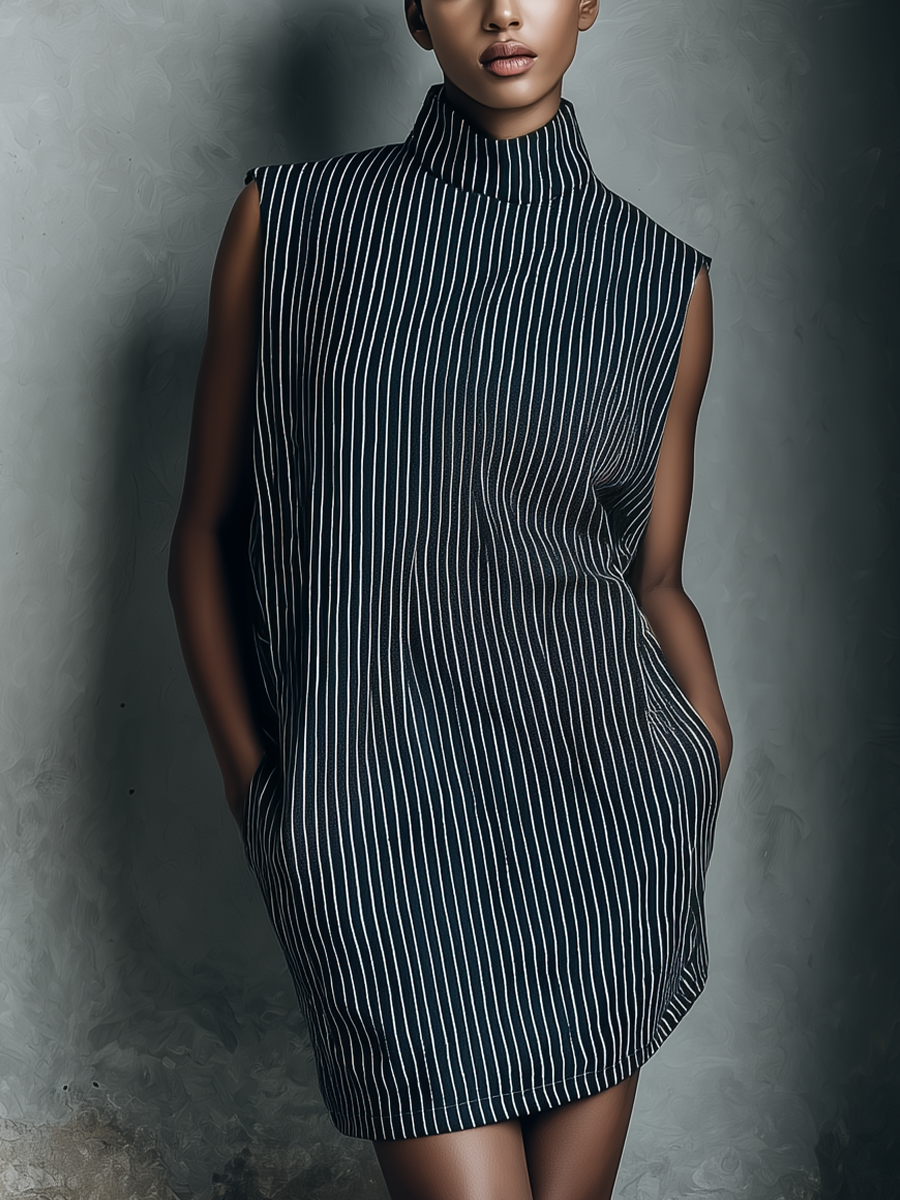 Women's Navy Striped Sleeveless Mini Dress With Side Pockets