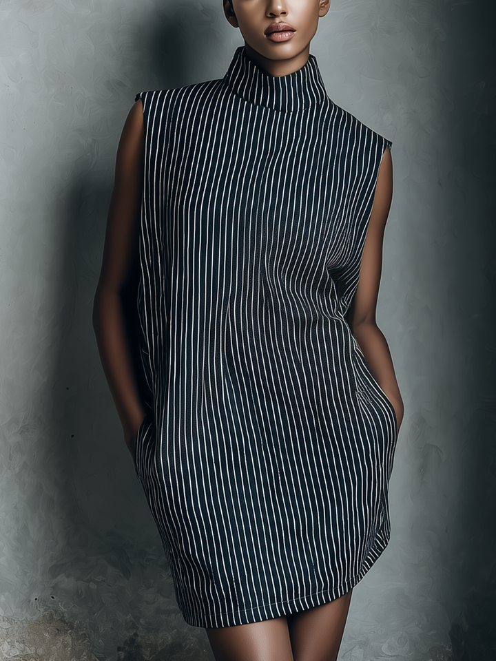 Women's Navy Striped Sleeveless Mini Dress With Side Pockets
