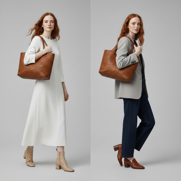 Lana | Woven Shoulder Tote Bag in Soft Microfiber Leather