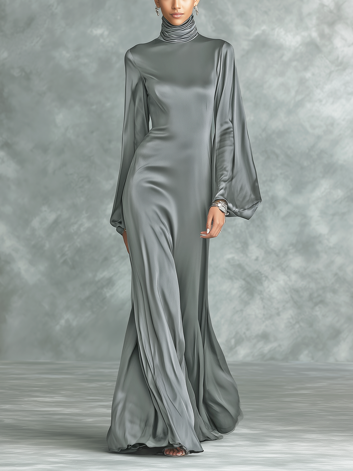 Women's Fashionable Grey Satin High-neck Long-sleeved Loose-fitting Maxi Dress