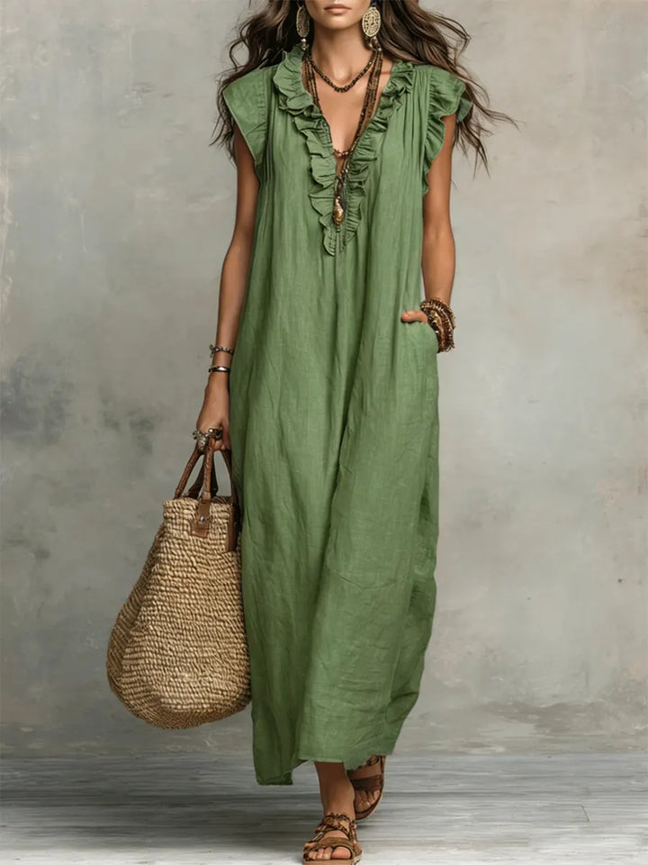Ruffle V-Neck Flutter Sleeve Pocket Maxi Dress