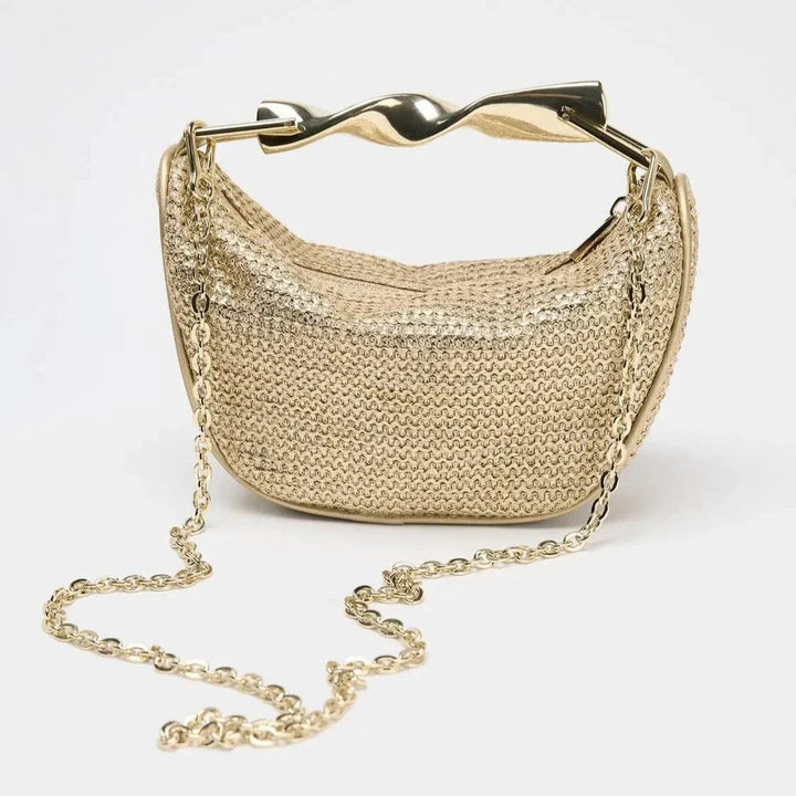 Alma Bag – Mini Braided Half-Moon & Sculptural Gold Handle
