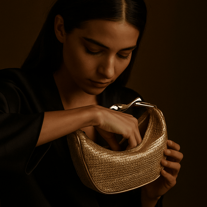 Alma Bag – Mini Braided Half-Moon & Sculptural Gold Handle