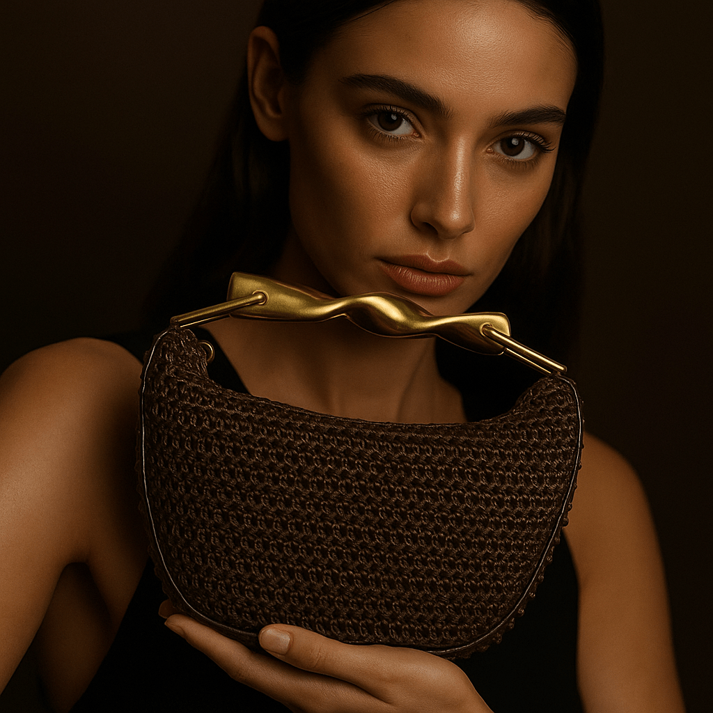 Alma Bag – Mini Braided Half-Moon & Sculptural Gold Handle