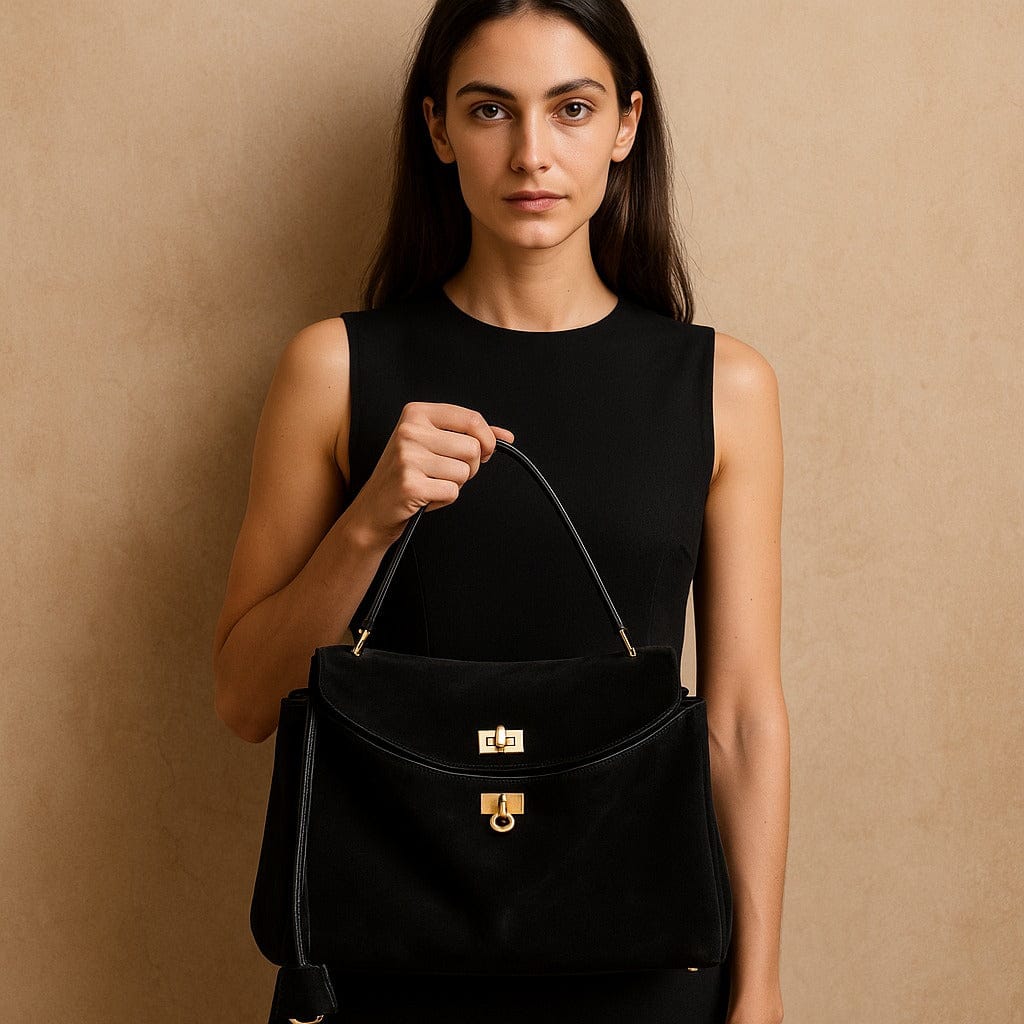 Notte | Black Suede Tote with Gold Clasp