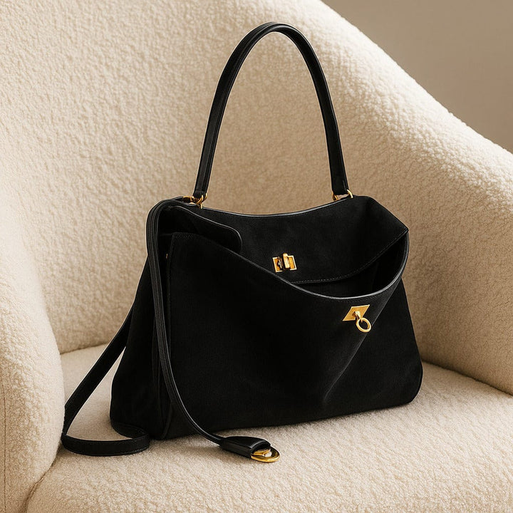 Notte | Black Suede Tote with Gold Clasp