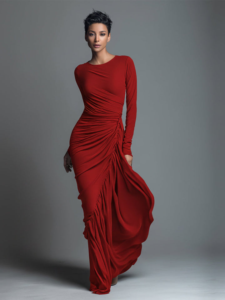 Women's Black Elegant Jersey Knit Ruched Maxi Dress
